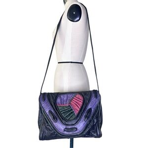 Vintage 80’s Color Block Leather Abstract Shoulder Bag in Purple, Black & Green